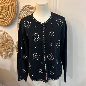 Vintage Talbots Petites Embroidered Novelty Cardigan Cottagecore Knit Black L